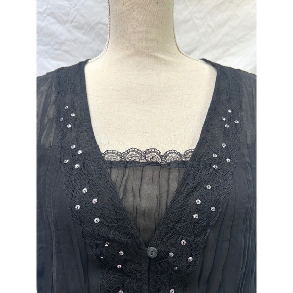 Notations Blouse XL Black Sheer Long Sleeve Lace Sequin Button Down Top Witchy - Picture 2 of 8
